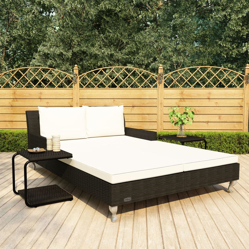 2-Person Patio Sun Bed with Cushions Poly Rattan Black