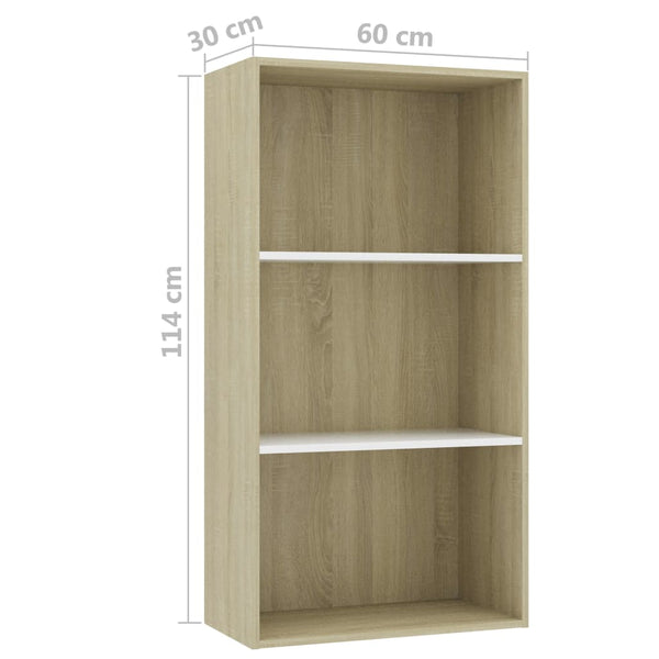 3-Tier Book Cabinet White and Sonoma Oak 23.6"x11.8"x44.9" Chipboard