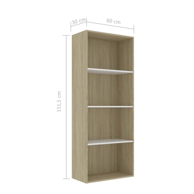4-Tier Book Cabinet White and Sonoma Oak 23.6"x11.8"x59.6" Chipboard