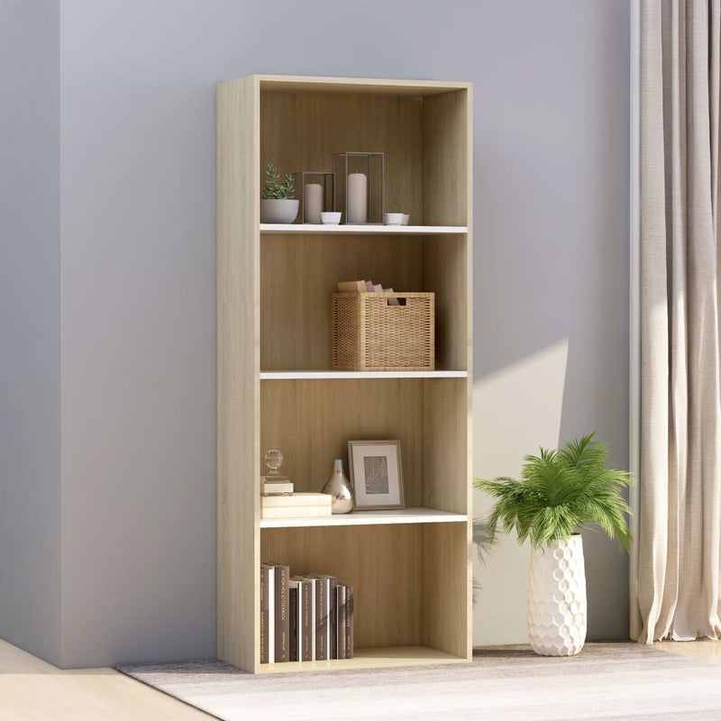 4-Tier Book Cabinet White and Sonoma Oak 23.6"x11.8"x59.6" Chipboard