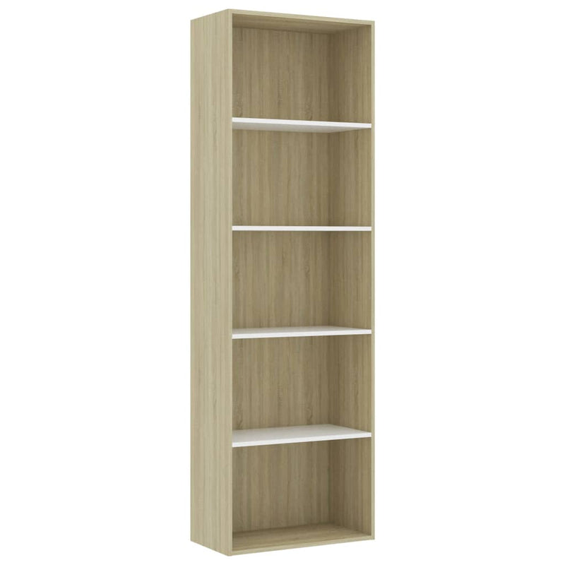 5-Tier Book Cabinet White and Sonoma Oak 23.6"x11.8"x74.4" Chipboard