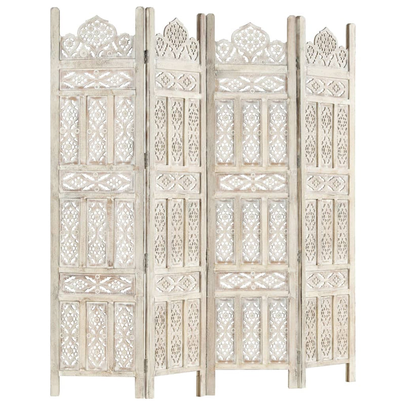 Hand carved 4-Panel Room Divider White 63"x65" Solid Mango Wood
