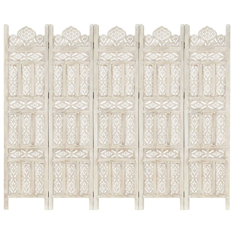 Hand carved 5-Panel Room Divider White 78.7"x65" Solid Mango Wood