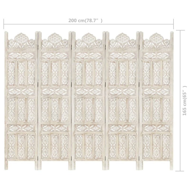 Hand carved 5-Panel Room Divider White 78.7"x65" Solid Mango Wood