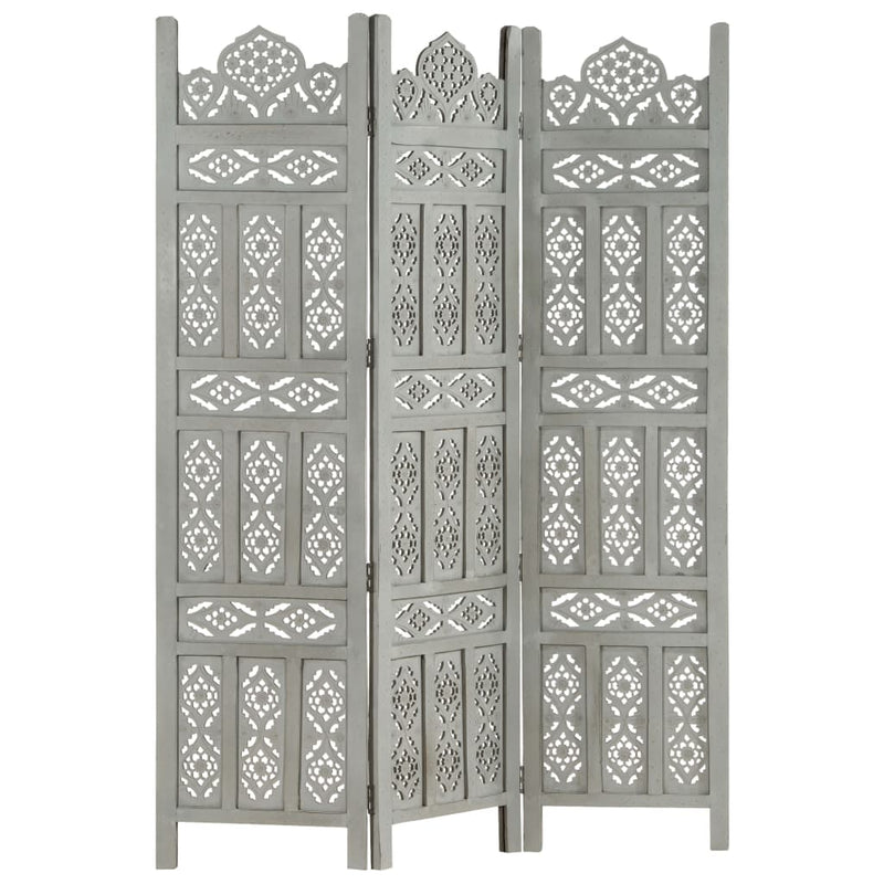 Hand carved 3-Panel Room Divider Gray 47.2"x65" Solid Mango Wood