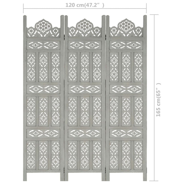 Hand carved 3-Panel Room Divider Gray 47.2"x65" Solid Mango Wood