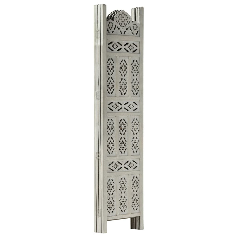 Hand carved 4-Panel Room Divider Gray 63"x65" Solid Mango Wood