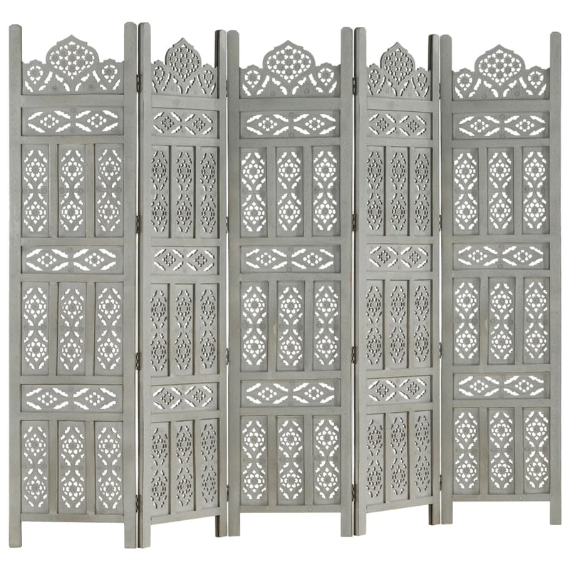 Hand carved 5-Panel Room Divider Gray 78.7"x65" Solid Mango Wood
