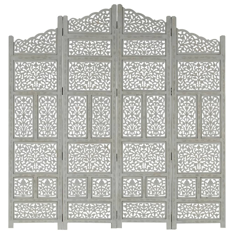 Hand carved 4-Panel Room Divider Gray 63"x65" Solid Mango Wood