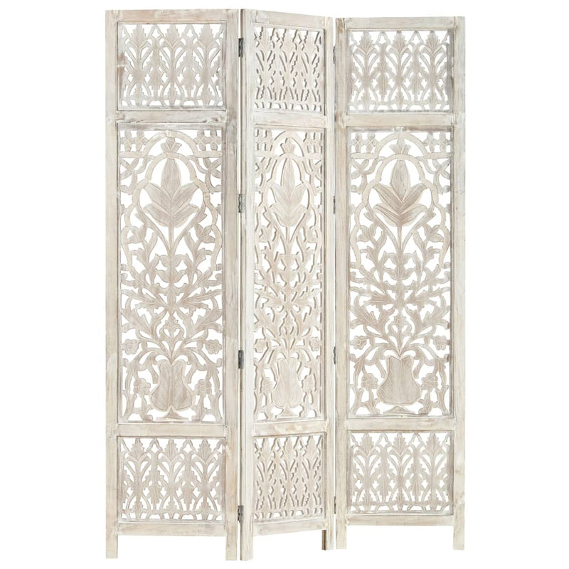 Hand carved 3-Panel Room Divider White 47.2"x65" Solid Mango Wood