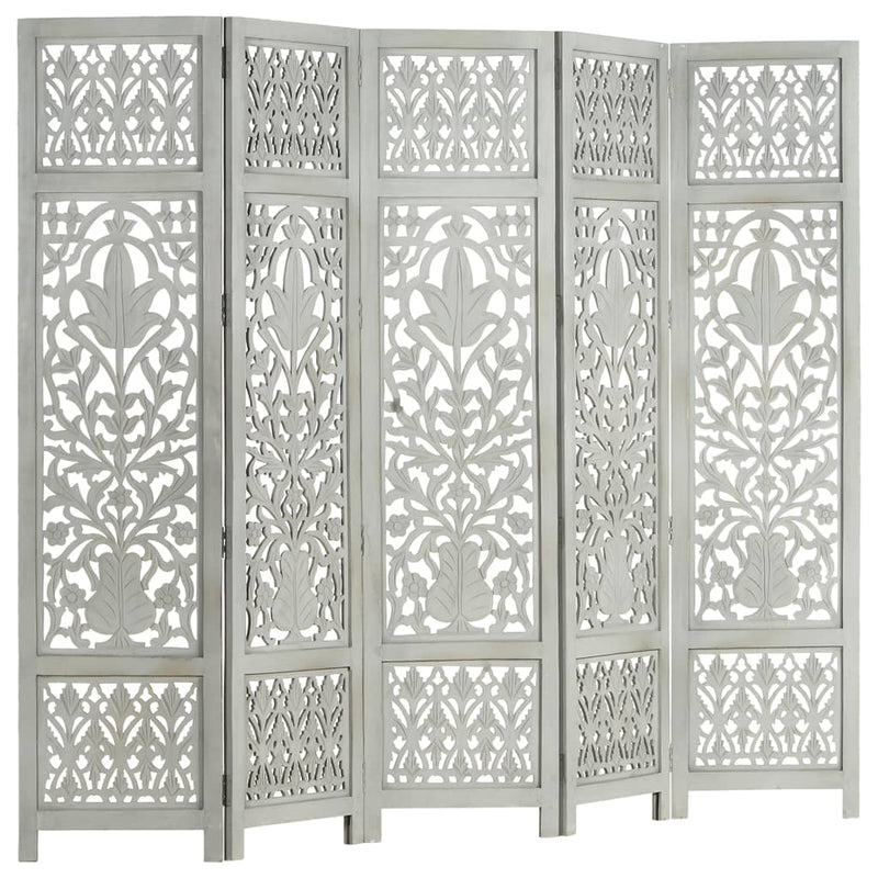 Hand Carved 5-Panel Room Divider Gray 78.7"x65" Solid Mango Wood