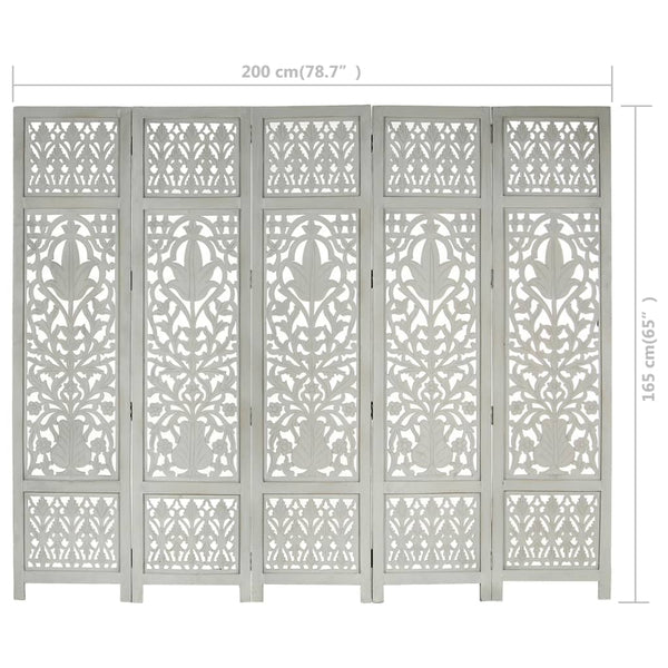 Hand Carved 5-Panel Room Divider Gray 78.7"x65" Solid Mango Wood