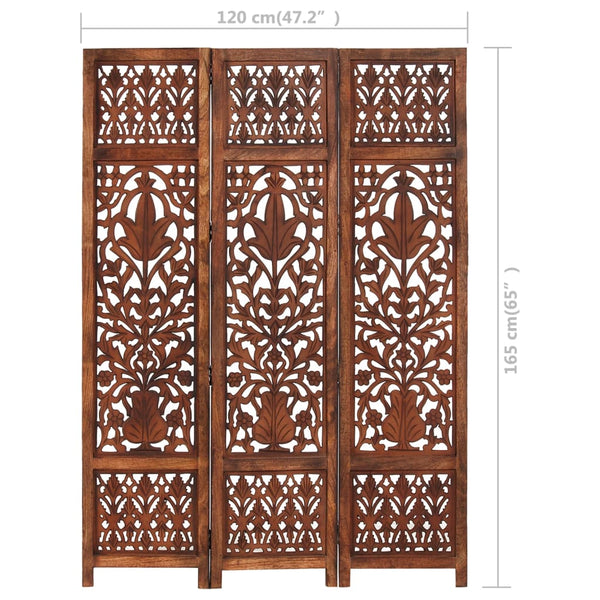 Hand Carved 3-Panel Room Divider Brown 47.2"x65" Solid Mango Wood