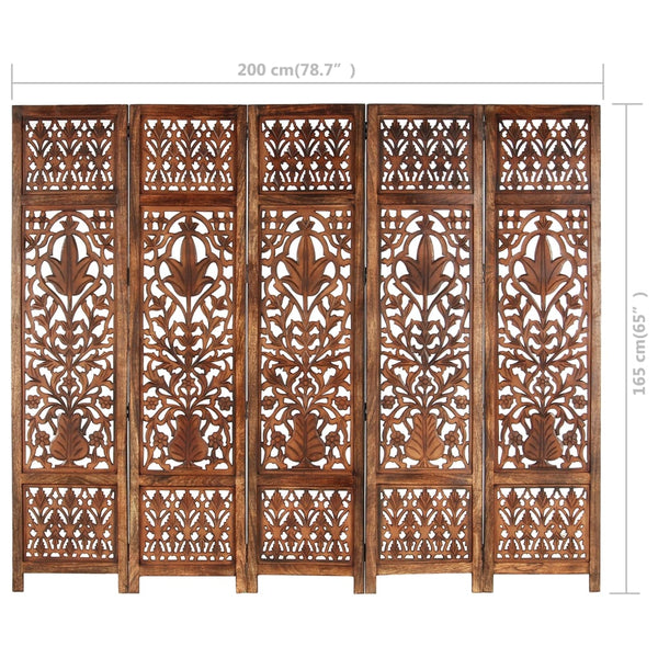 Hand Carved 5-Panel Room Divider Brown 78.7"x65" Solid Mango Wood