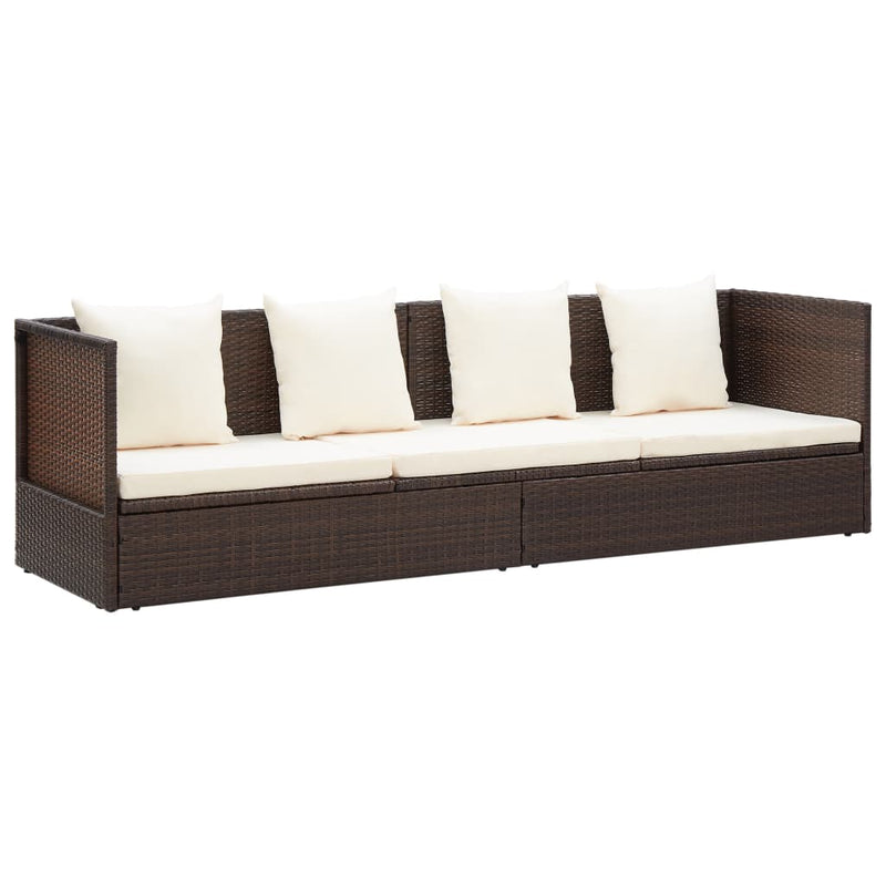 Patio Lounge Bed with Cushion & Pillows Poly Rattan Brown