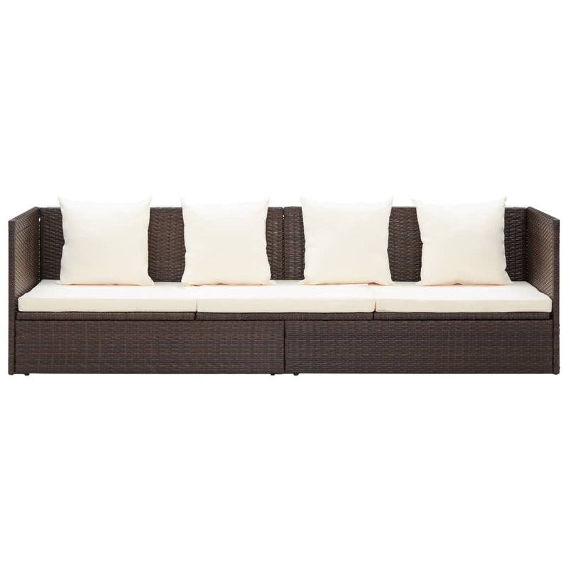 Patio Lounge Bed with Cushion & Pillows Poly Rattan Brown