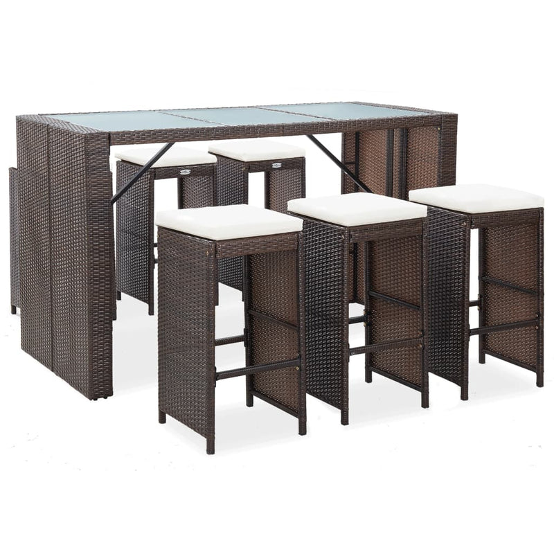 7 Piece Patio Bar Set with Cushions Poly Rattan Brown