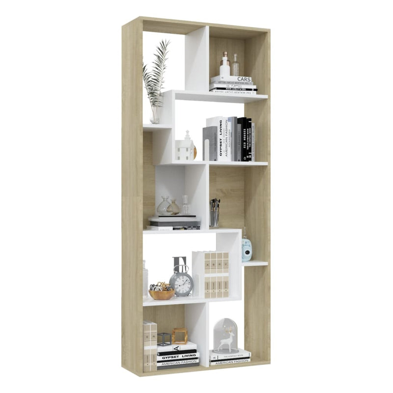 Book Cabinet White and Sonoma Oak 26.4"x9.4"x63.4" Chipboard