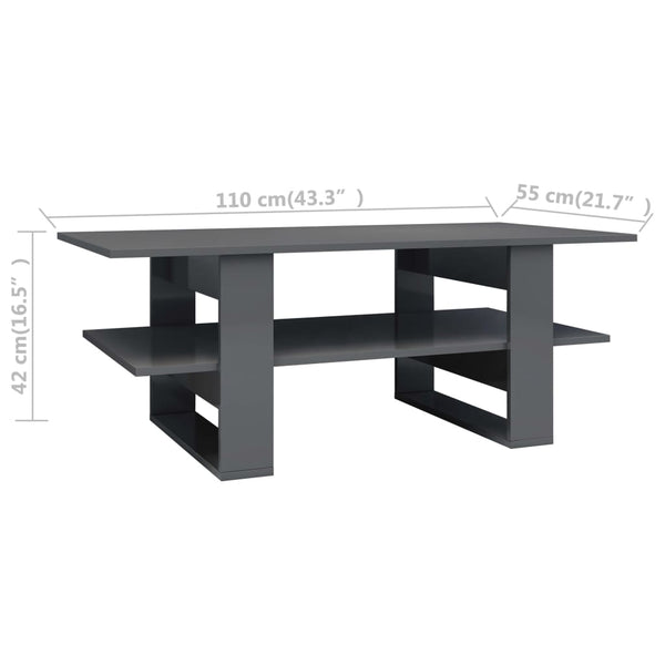 Coffee Table High Gloss Gray 43.3"x21.7"x16.5" Chipboard