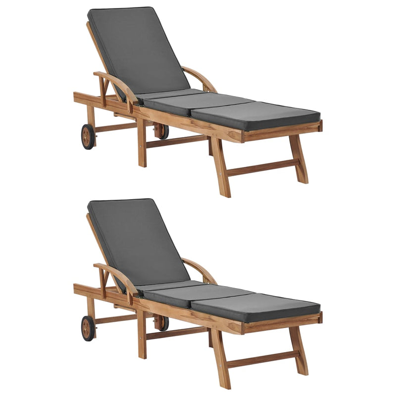 Sun Loungers with Cushions 2 pcs Solid Teak Wood Dark Gray