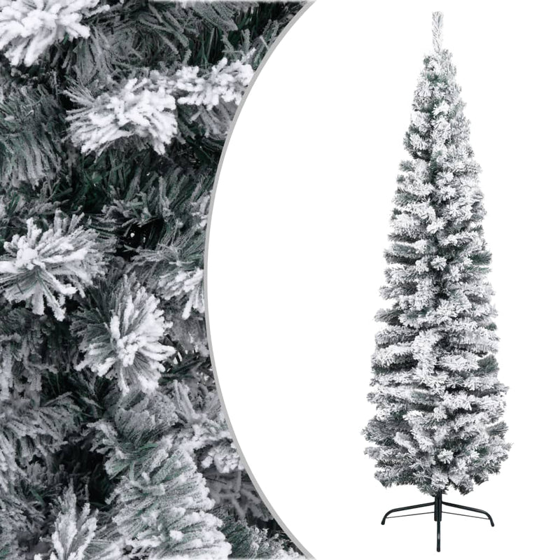 Slim Artificial Christmas Tree with Flocked Snow Green 82.7" PVC