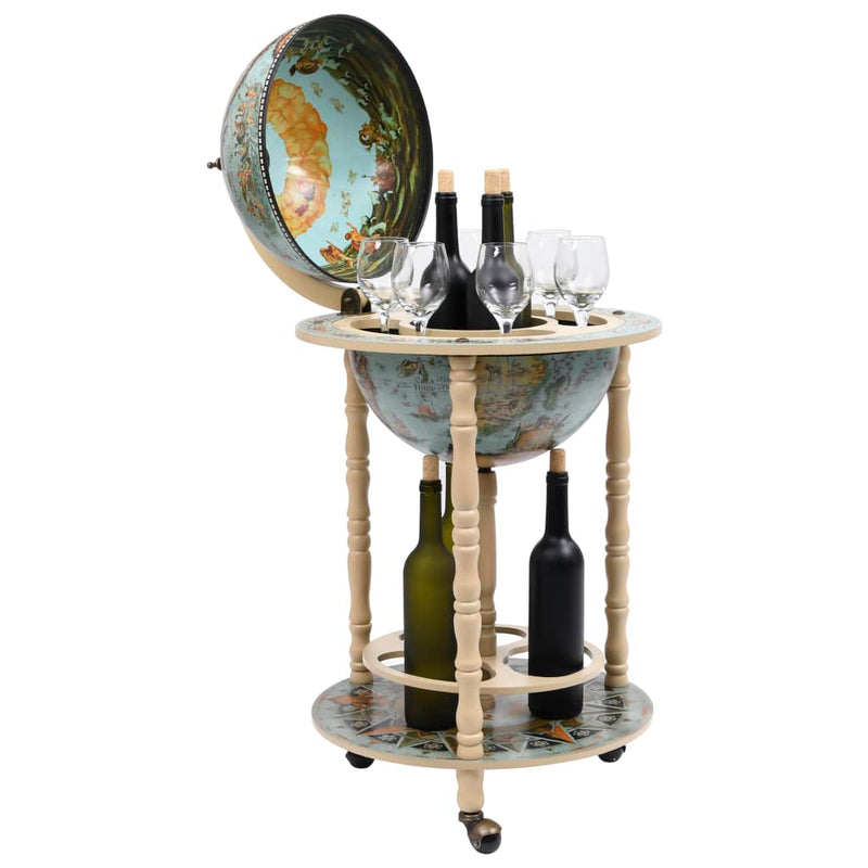 Globe Bar Wine Stand Eucalyptus Wood Blue