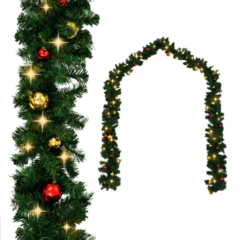 Christmas Garland with Baubles and LED Lights Green 65.6' PVC