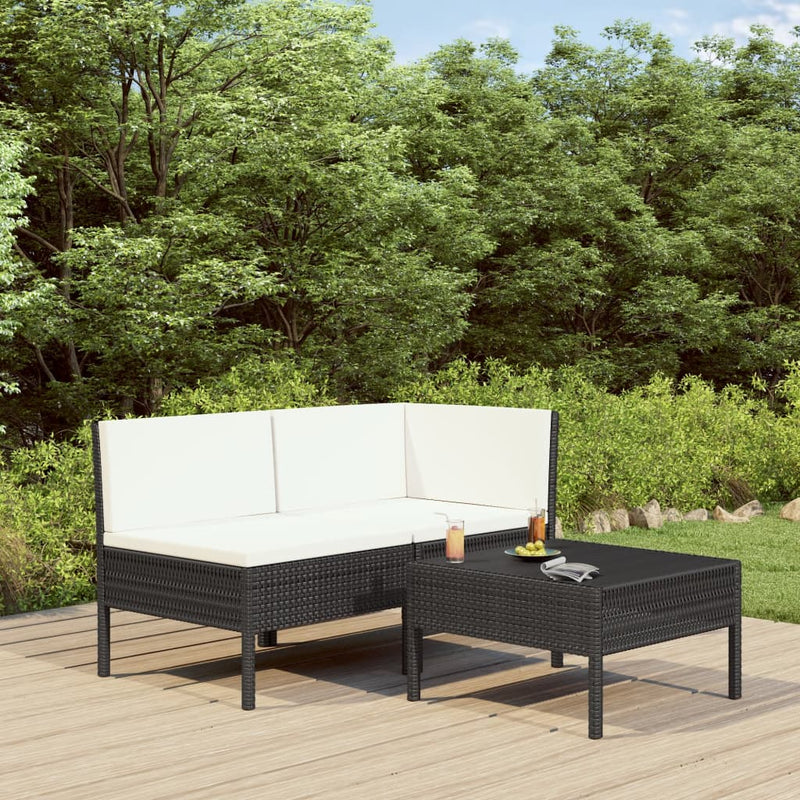 3 Piece Patio Lounge Set with Cushions Poly Rattan Black