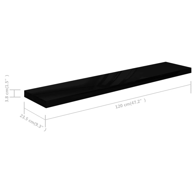 Floating Wall Shelf High Gloss Black 47.2"x9.3"x1.5" MDF
