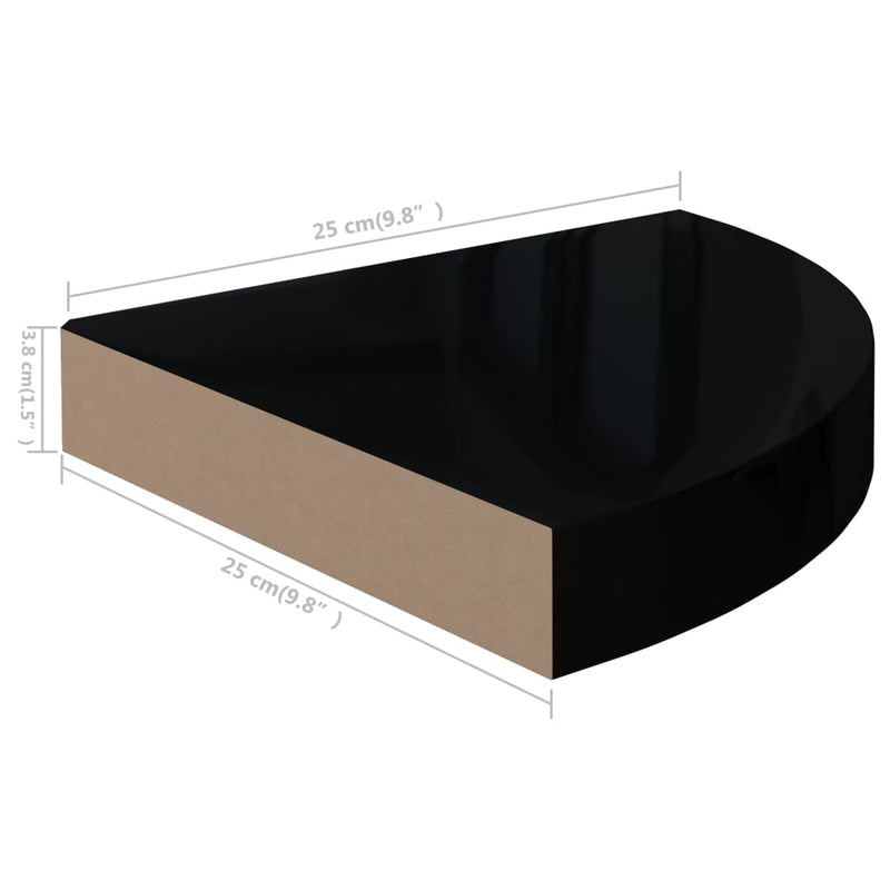 Floating Corner Shelves 2 pcs High Gloss Black 9.8"x9.8"x1.5" MDF