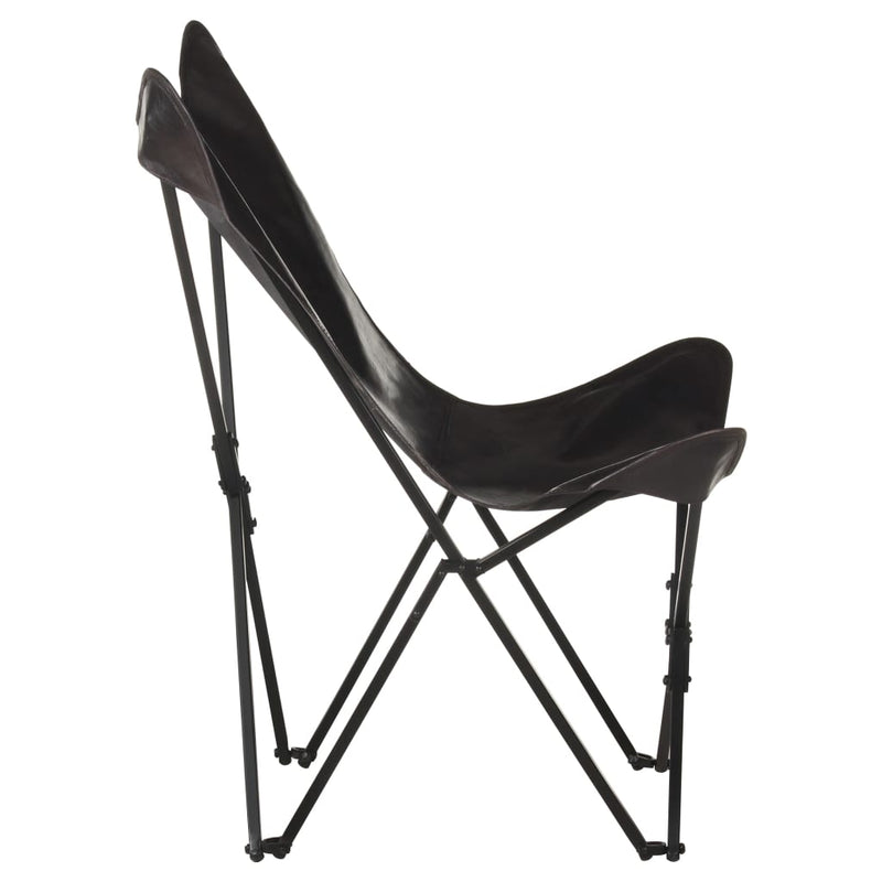 Foldable Butterfly Chair Black Real Leather