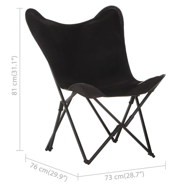 Foldable Butterfly Chair Black Real Leather