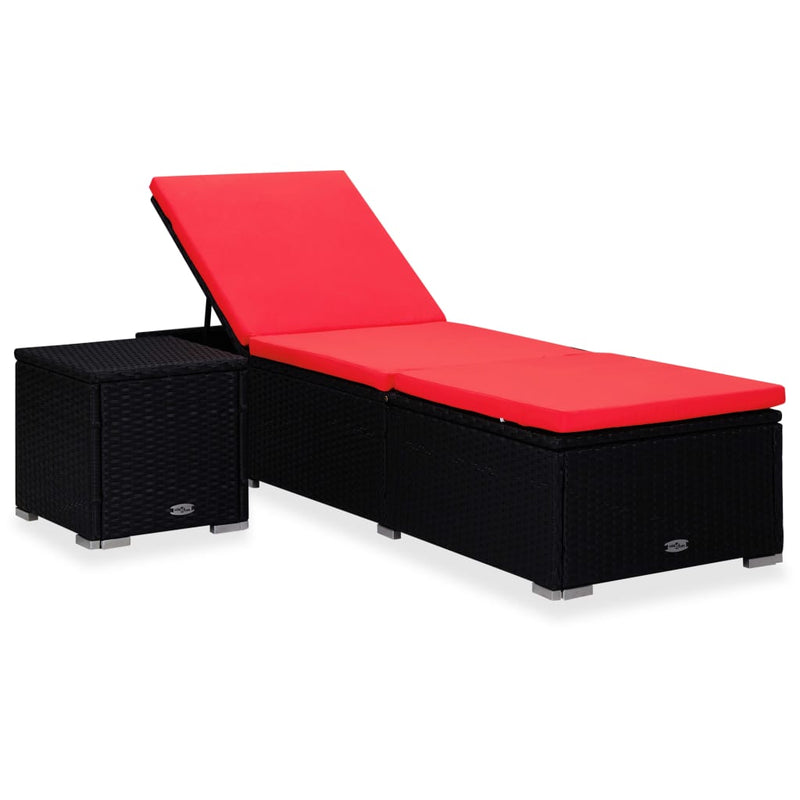 Sun Lounger with Cushion and Tea Table Poly Rattan Red