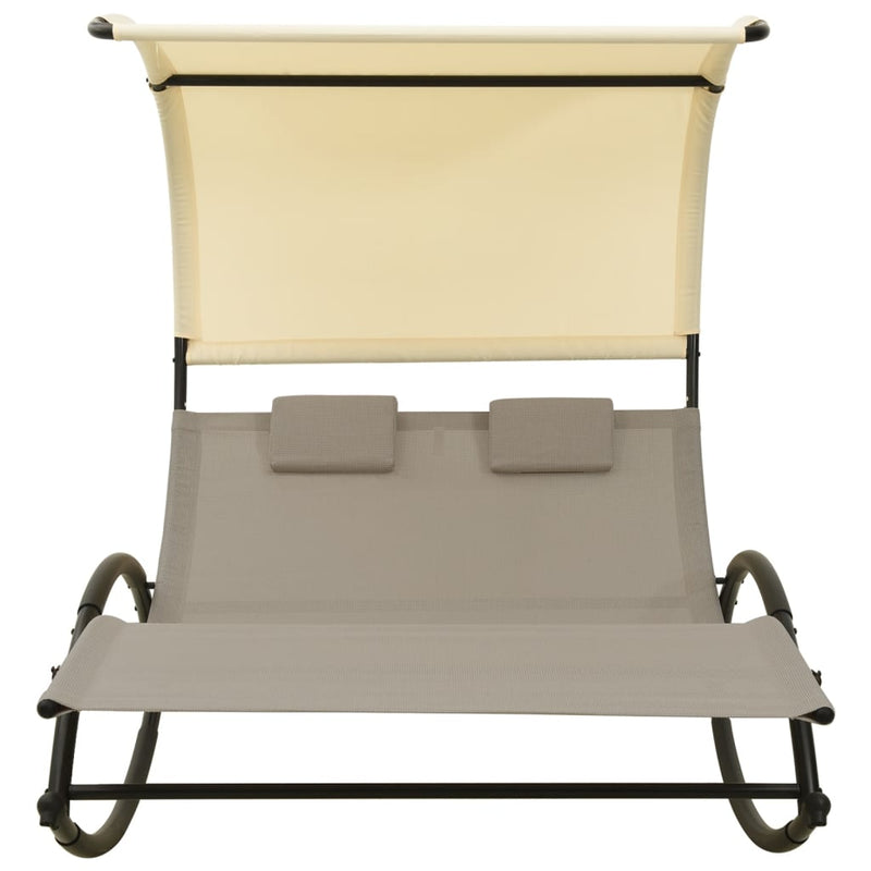 Double Sun Lounger with Canopy Textilene Taupe and Cream