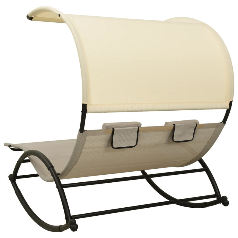 Double Sun Lounger with Canopy Textilene Taupe and Cream