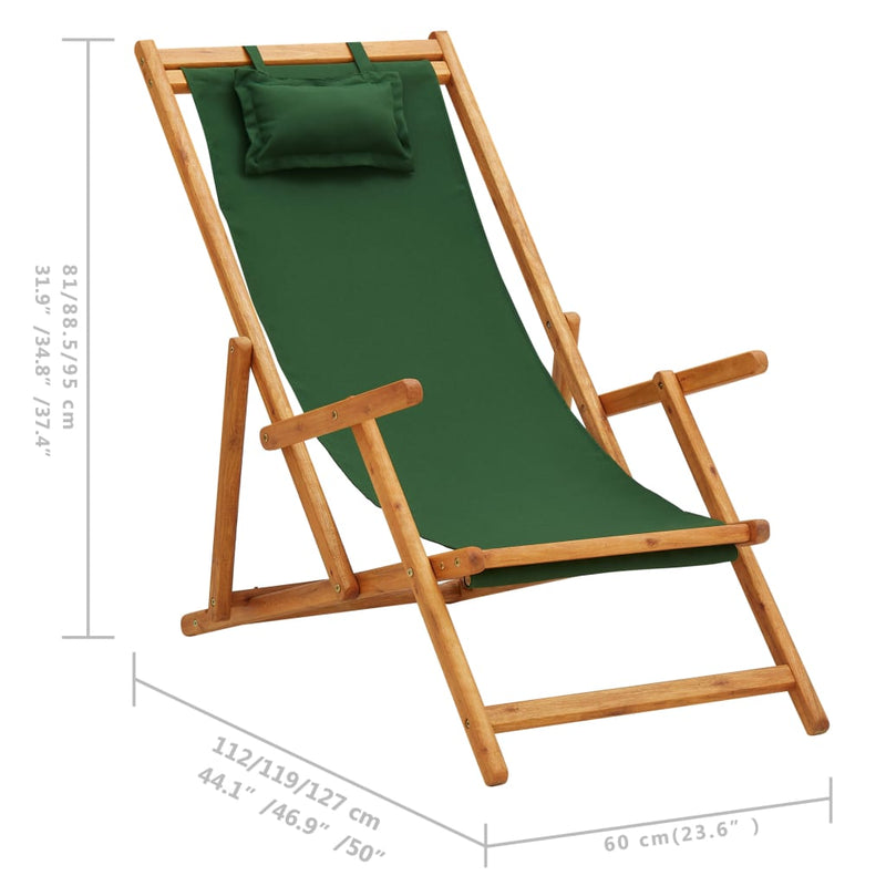 Folding Beach Chair Solid Eucalyptus Wood and Fabric Green