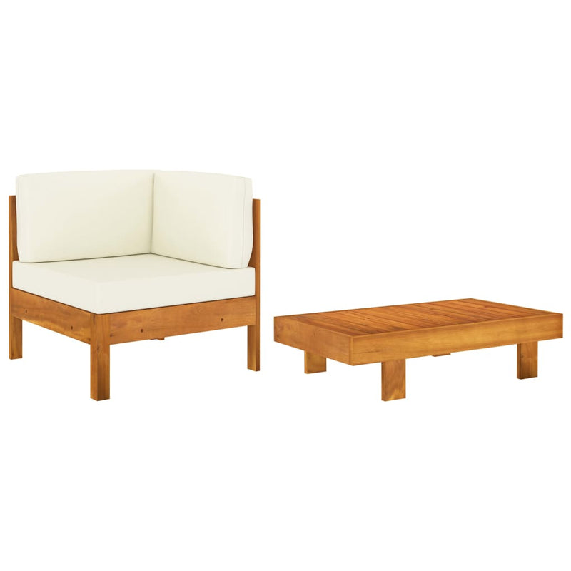 2 Piece Patio Lounge Set with Cream White Cushions Acacia Wood