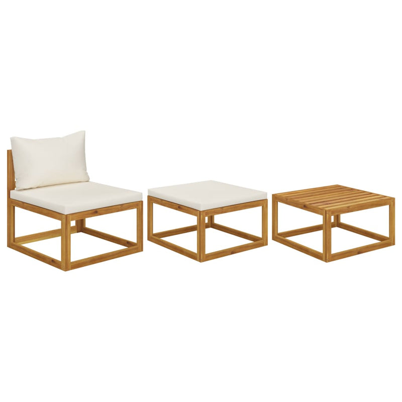 3 Piece Patio Lounge Set with Cream Cushions Solid Acacia Wood