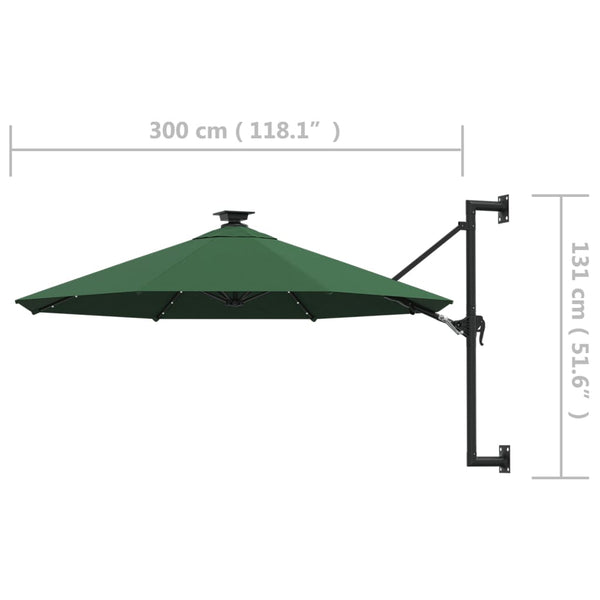 Wall-mounted Parasol with LEDs and Metal Pole 118.1" Green