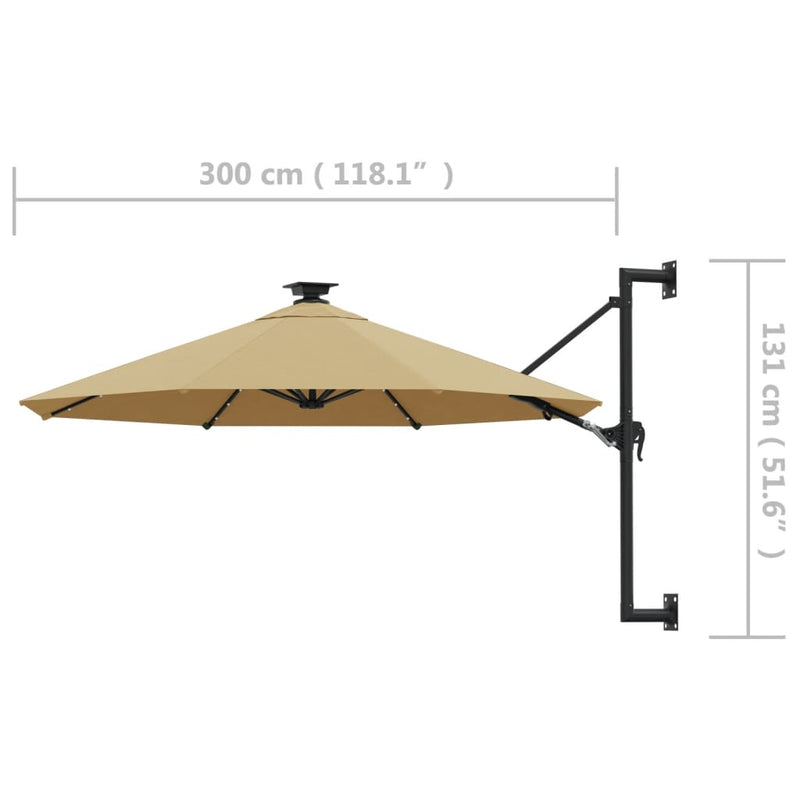 Wall-mounted Parasol with LEDs and Metal Pole 118.1" Taupe
