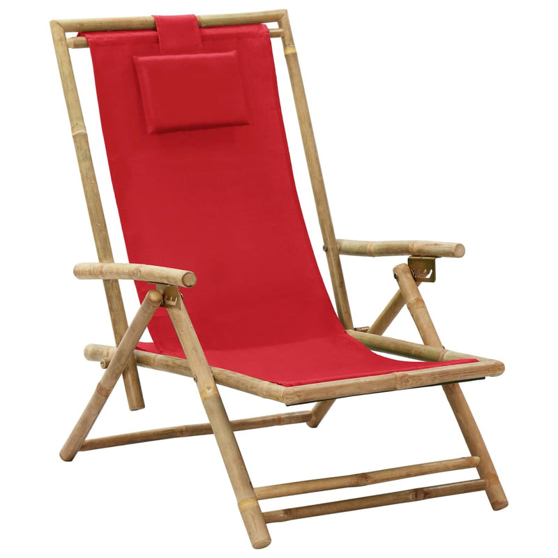 Reclining Relaxing Chair Red Bamboo and Fabric