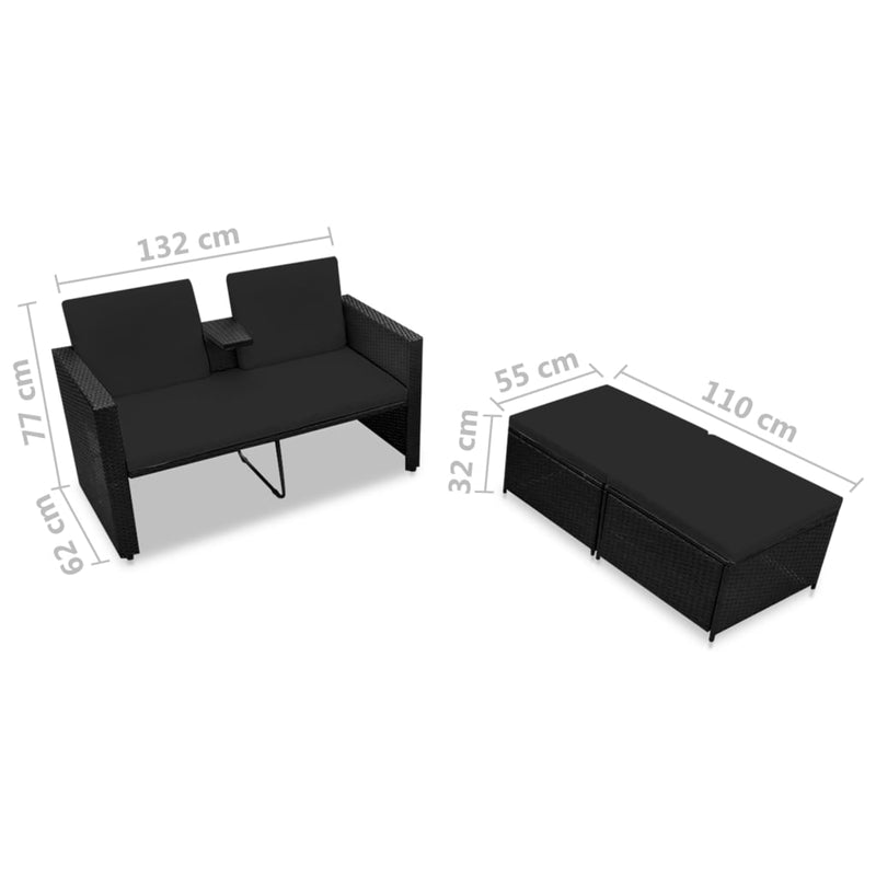 3 Piece Patio Lounge Set with Cushions Poly Rattan Black