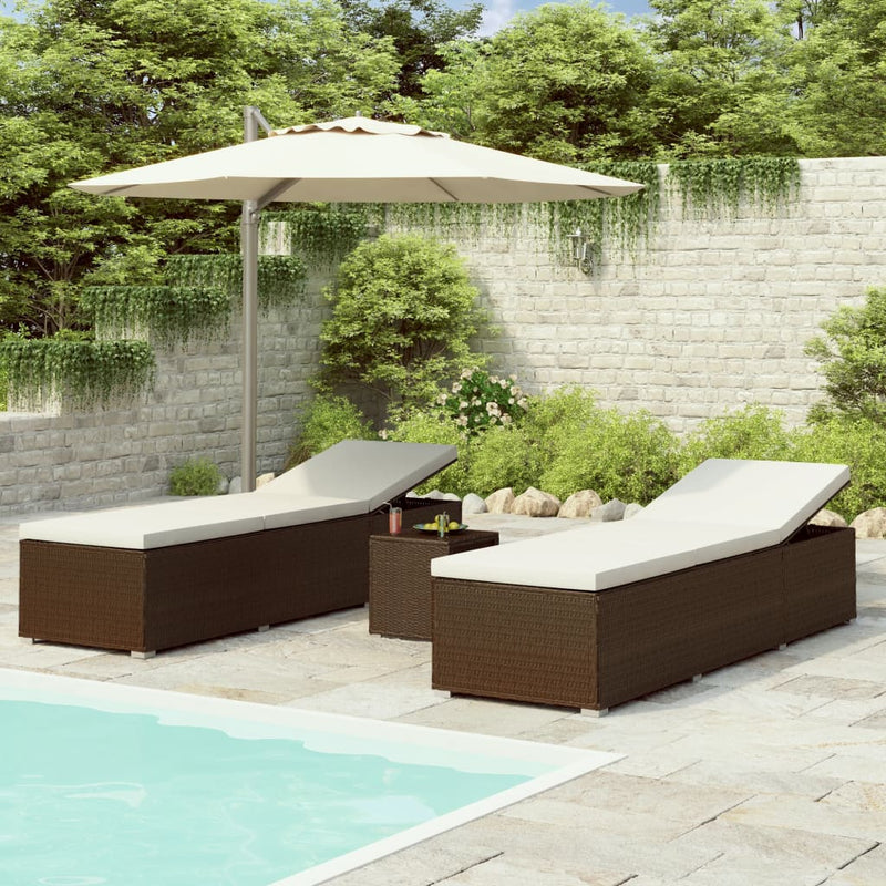 3 Piece Patio Sun Loungers with Tea Table Poly Rattan Brown
