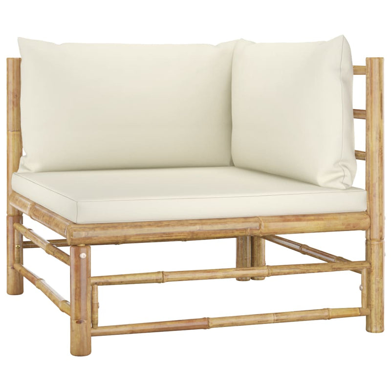 Patio Corner Sofa with Cream White Cushions Bamboo