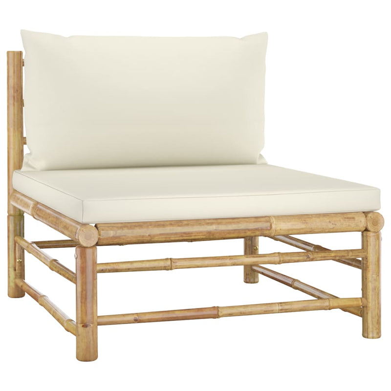 Patio Middle Sofa with Cream White Cushions Bamboo