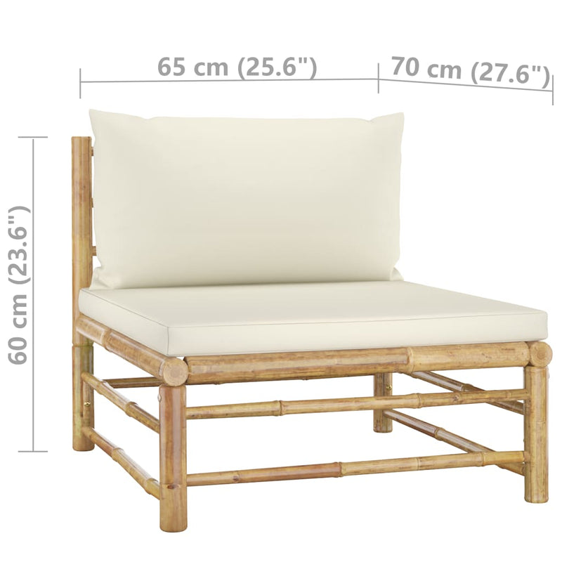 Patio Middle Sofa with Cream White Cushions Bamboo