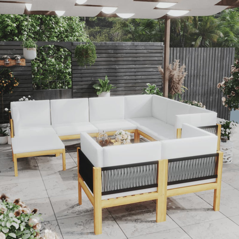 10 Piece Patio Lounge Set with Cushions Cream Solid Acacia Wood