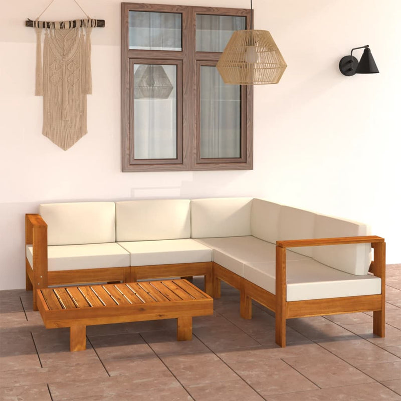 6 Piece Patio Lounge Set with Cream White Cushions Acacia Wood