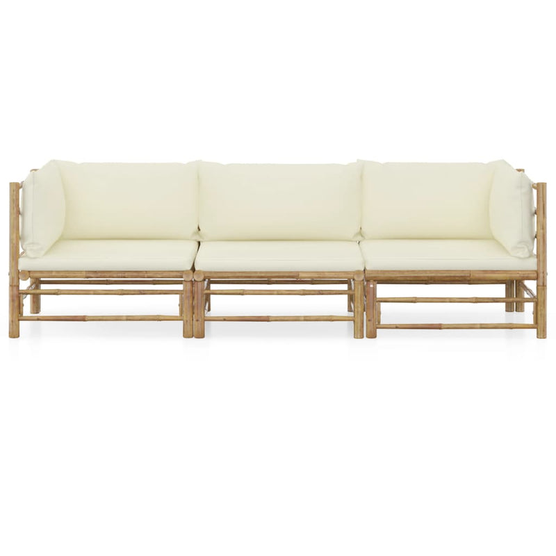 3 Piece Patio Lounge Set with Cream White Cushions Bamboo