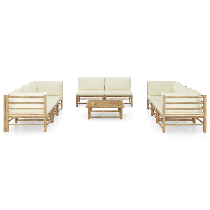 9 Piece Patio Lounge Set with Cream White Cushions Bamboo